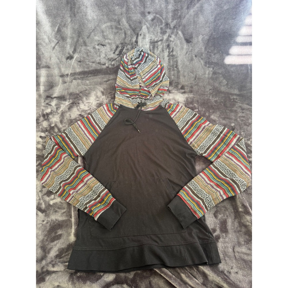 Beautiful Giant Hoodie Mens M Southwest Aztec Tribal Raglan Pullover Boho Black